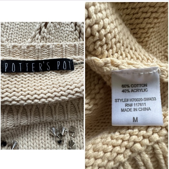 Potter's Pot Beige Long Sleeve Semi Sheer Spike Accent Sweater Size Medium - Picture 8 of 14